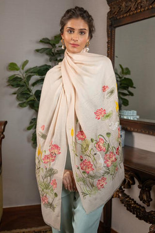 Stole Indian Wedding Wear - Beige Sacred Lotus & Swan Fine Wool Silk by Mauli