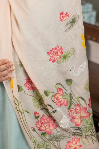 Stole Indian Wedding Wear - Beige Sacred Lotus & Swan Fine Wool Silk by Mauli