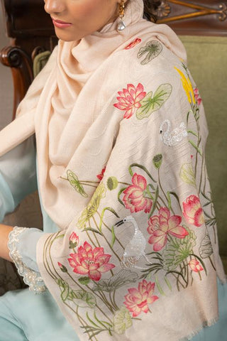 Stole Indian Wedding Wear - Beige Sacred Lotus & Swan Fine Wool Silk by Mauli