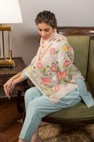 Stole Indian Wedding Wear - Beige Sacred Lotus & Swan Fine Wool Silk by Mauli
