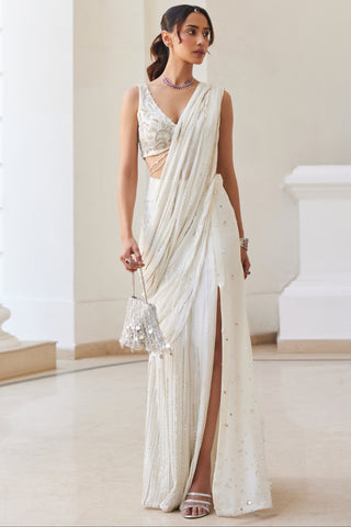 White twin flames slit saree set