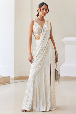 White twin flames slit saree set