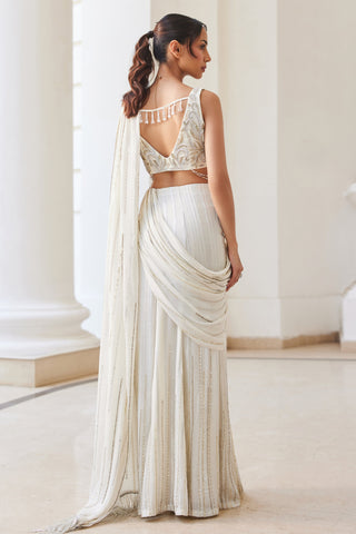 White twin flames slit saree set