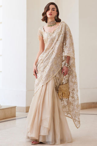 Ivory gold twin flames pre-draped saree set