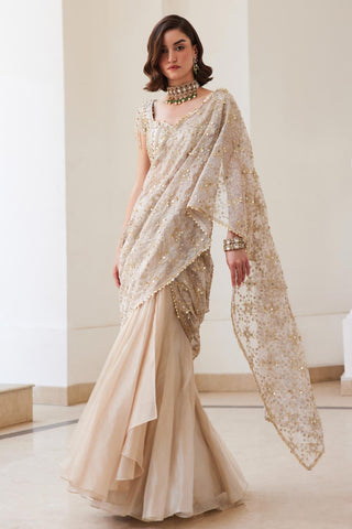 Ivory gold twin flames pre-draped saree set