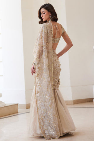 Ivory gold twin flames pre-draped saree set