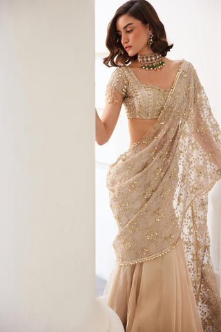 Ivory gold twin flames pre-draped saree set