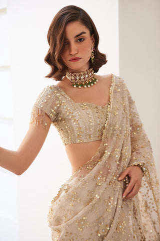 Ivory gold twin flames pre-draped saree set