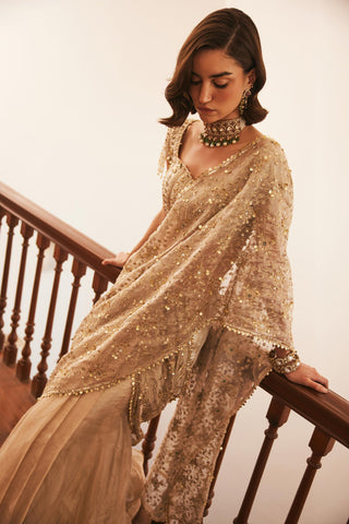 Ivory gold twin flames pre-draped saree set