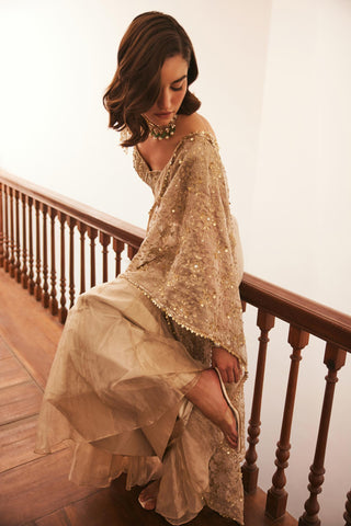Ivory gold twin flames pre-draped saree set