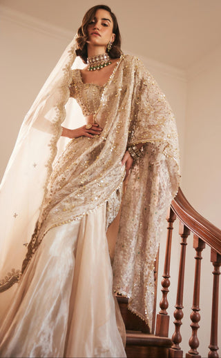 Ivory gold twin flames pre-draped saree with veil