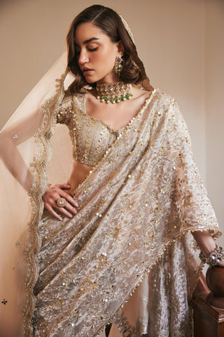 Ivory gold twin flames pre-draped saree with veil