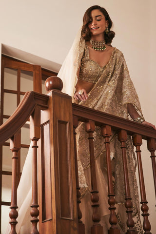 Ivory gold twin flames pre-draped saree with veil