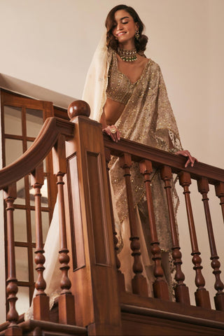 Ivory gold twin flames pre-draped saree with veil