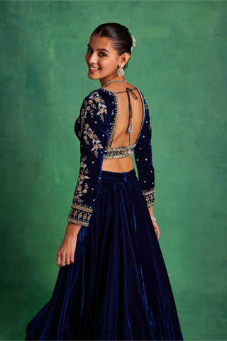 Midnight blue velvet lehenga and blouse set