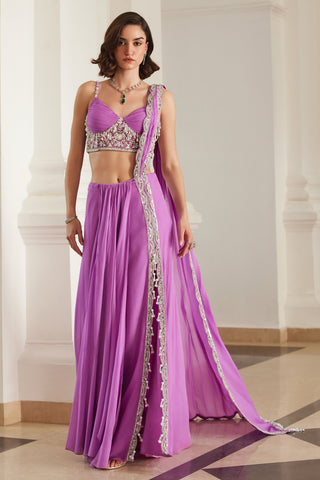 Pink twin flames corset slit saree set