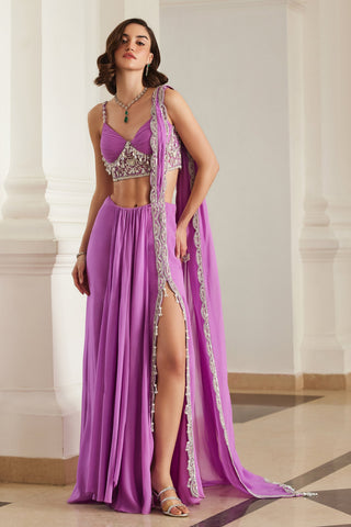 Pink twin flames corset slit saree set