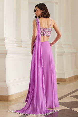 Pink twin flames corset slit saree set