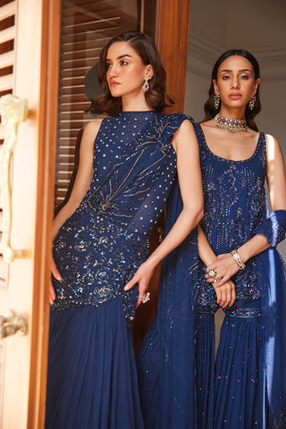 Blue twin flames saree with bodysuit