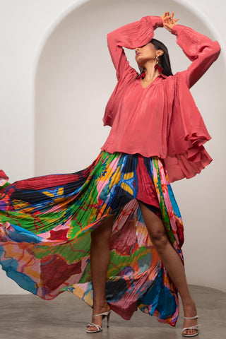 Skirt Set for Contemporary Wear - Multicolor Siro Sena Gathered Top Set by Advait