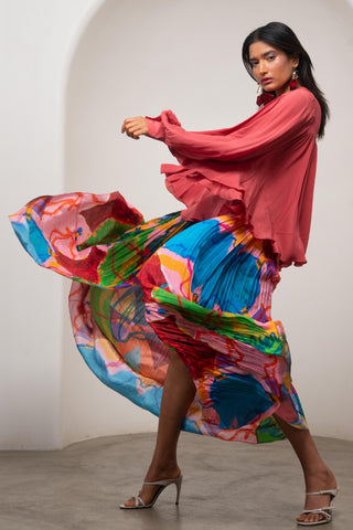 Skirt Set for Contemporary Wear - Multicolor Siro Sena Gathered Top Set by Advait