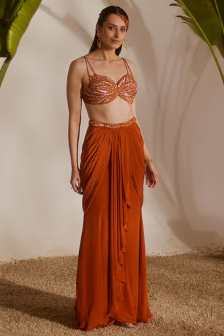 Orange nyra koa draped skirt set