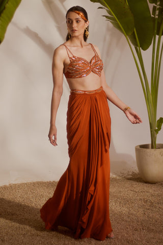Orange nyra koa draped skirt set