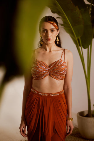 Orange nyra koa draped skirt set