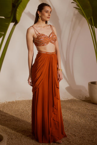 Orange nyra koa draped skirt set
