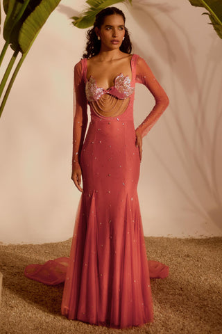 Pink nyra lovebirds godet gown