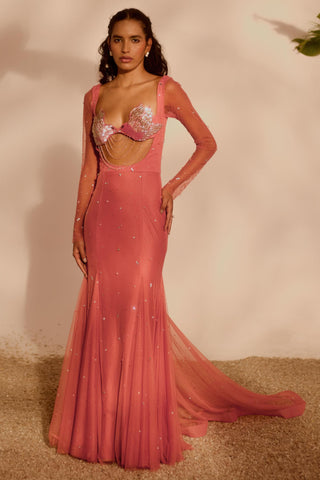 Pink nyra lovebirds godet gown