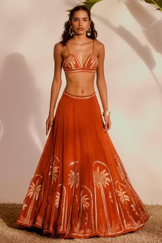 Orange nyra palm paradise lehenga set