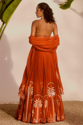 Orange nyra palm paradise lehenga set