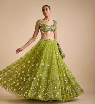 Lehenga Set Indian Wedding - Green Sitara Lehenga Set by Prevasu