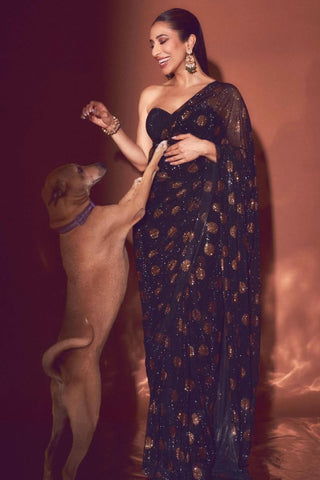 Ruffle Saree for Indian Weddings – Black Polka Sequin Look by Itrh