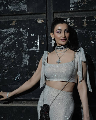 Silver sparkling diamond skirt with top