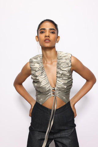 Blue february space beige reflective denim jumpsuit