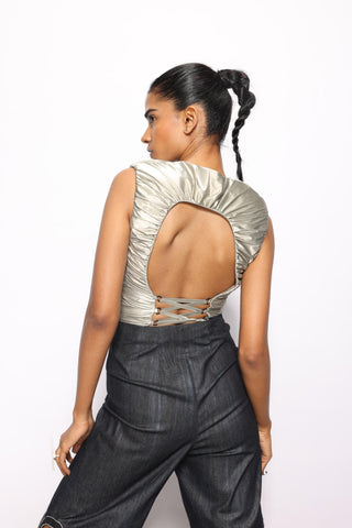 Blue february space beige reflective denim jumpsuit