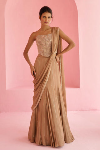 Pre Drape Saree Indian Wedding - Brown Stella Saree by Chamee & Palak