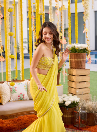 Sunshine yellow pre-draped saree and blouse - Sunshine yellow pre-draped saree - Sanya Gulati - Available at Mrs. G