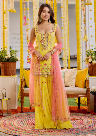 Sunshine yellow embroidered sharara set - Sunshine yellow embroidered sharara set - Sanya Gulati - Available at Mrs. G