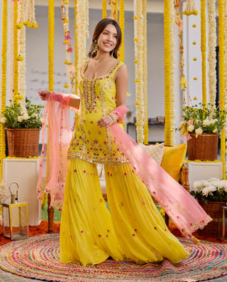 Sunshine yellow embroidered sharara set - Sunshine yellow embroidered sharara set - Sanya Gulati - Available at Mrs. G