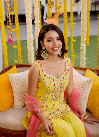 Sunshine yellow embroidered sharara set - Sunshine yellow embroidered sharara set - Sanya Gulati - Available at Mrs. G
