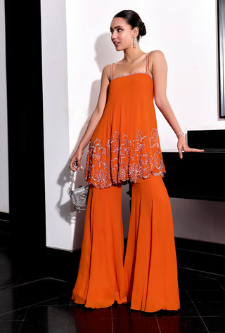 Orange floral embroidery top and flared pants - Orange floral embroidery top - Sanya Gulati - Available at Mrs. G