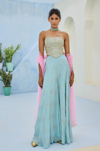 Flared Pant Set Traditional Wear - Blue Suhana Pant Set by Chamee & Palak