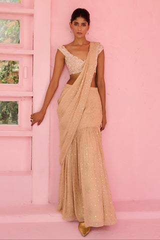 Pre Drape Saree Indian Wedding - Beige Suhana Saree by Chamee & Palak