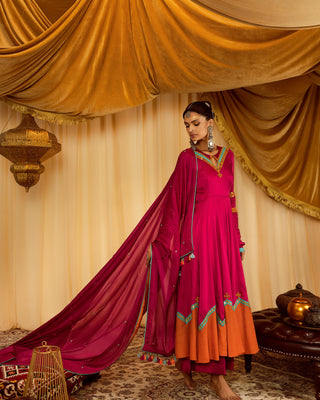 Pink anarkali set pararambh with contrast patchwork & mirror work