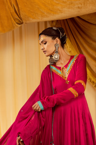 Pink anarkali set pararambh with contrast patchwork & mirror work