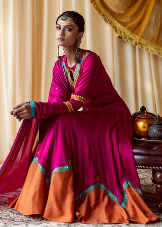 Pink anarkali set pararambh with contrast patchwork & mirror work