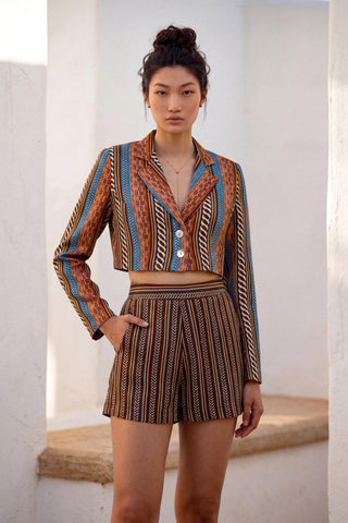 Co-ord Set Contemporary Wear - Brown Circuit Crop Blazer Shorts by Nautanky